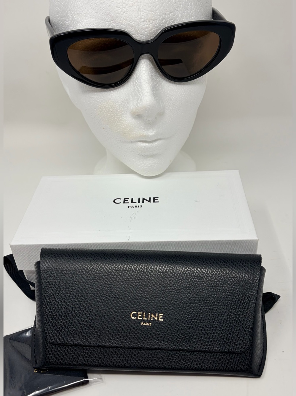 New Celine Black Cat-Eye Sunglasses with Brown Lenses and Black Textured Case
